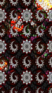 Raster illüstrasyonu. Suluboya çiçekli çiçek deseni. Siyah ve kahverengi renkli Asya tekstili.