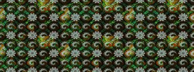 Siyah ve kahverengi renkli şirin çiçek desenleri. Düz Çiçek Elementleri Tasarımı. Renkli Bahar Teması eskiz kalıbı. Raster Modaya uygun kumaş deseni.