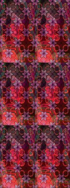 Çocuksu tasarım. Elle çizilmiş çiçek desenli Raster çizimi. Tekstil, kumaş, ambalaj, hatıra defteri için hoş bir çiçek arkaplanı. Kahverengi ve kırmızı arkaplanda.