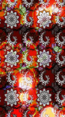 Flowers on red and brown colors. Colour Spring Theme sketch pattern Background. Sketch floral pattern with flowers, watercolor. Raster illustration. Flat Flower Elements Design.