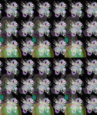 Ağaç dallı bahar çiçekleri ile desen, çiçek silueti ile siyah ve yeşil renkler. Raster deseni.