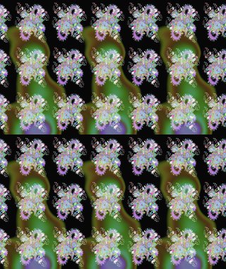 Raster deseni. Yumuşak, bahar çiçekleri siyah ve yeşil renklerde. Raster illüstrasyonu. Patlayan çiçekler soyut yerleştirilmiş.