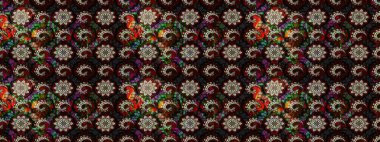 Raster deseni. Soyut çiçek çizim kalıbı arka planı. Küçük çiçekteki sevimli çiçek deseni. Siyah ve kahverengi renklerde. Raster illüstrasyonu.