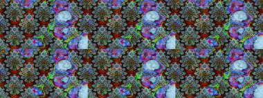 Raster illüstrasyonu. Şirin çiçekli eskiz deseni ve mavi ve nötr renklerde yapraklar, suluboya çiçek deseni, duvar kağıdı, kart veya kumaş için fayanslı.