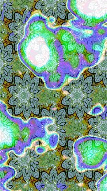 Raster illüstrasyonu. Yeşil ve mavi renkte çiçekler. Tropikal çizim çiçek deseni.