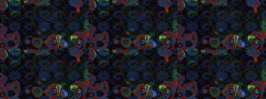 Raster Güzel kumaş deseni. Raster suluboya deseni, narin çiçekler, siyah ve mavi çiçekler, tebrik kartı şablonu..