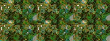 Yeşil ve kahverengi, yeşil ve kahverengi. Çiçekli ipek eşarp. 1950-1960 motifleri. Retro tekstil tasarım koleksiyonu. El çizimi çiçek elementleri ile soyut çizim raster deseni.