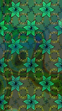 Düz Çiçek Elementleri Tasarımı. Raster illüstrasyonundaki çiçek desenli çizim. Yeşil ve mavi renkte çiçekler. Renkli Bahar Teması çizim şablonu.