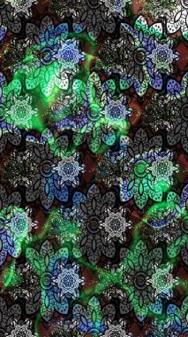 Raster illüstrasyonu. Renkli desenli eskiz deseni, gri ve siyah çiçekler ve dekoratif elementler. Eskiz geçmişi. Kumaş, tekstil, duvar kağıdı baskısı için. Antika retro tarzı.