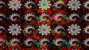 Kumaş, tekstil, duvar kağıdı baskısı için. Renkli desenli eskiz deseni, siyah ve kahverengi çiçekler ve dekoratif elementler. Eski usul. Raster illüstrasyonu. Taslak arkaplan.