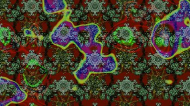 Yeşil ve kırmızı renkte çiçekler. Kumaş desenli papatya çiçekleri ayrıntıları.