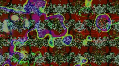 Asya tekstil tarzında. Çiçek desenli çizim. Raster illüstrasyonu. Yeşil ve kırmızı renkte çiçekler. Düz Çiçek Elementleri Tasarımı. Renkli Bahar Teması çizim şablonu.