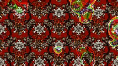 Çiçeksel çizim kalıbının yansıması. Vadinin çiçekleri kırmızı ve kahverengi renklerde.