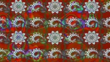 1950-1960 motifleri. Çiçekli ipek eşarp. El çizimi çiçek unsurları olan soyut çizim raster deseni. Kırmızı ve kahverengi, kırmızı ve kahverengi. Retro tekstil tasarım koleksiyonu.