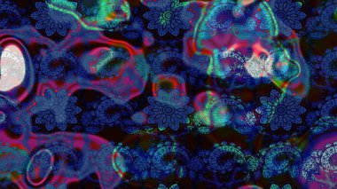 Raster illüstrasyonu. Siyah ve mavi renklere karalamalar çizilmiş çiçek deseni.