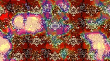 Raster Floral Illustration, Asyalı tekstil. Kırmızı ve kahverengi renkli etnik çiçeklerle zarif bir eskiz deseni..