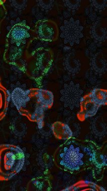 Kabile sanatı boho baskısı, klasik çiçek arkaplanı. Soyut etnik raster çizim kalıbı. Arkaplan dokusu, duvar kağıdı, siyah ve gri renkli çiçek teması.