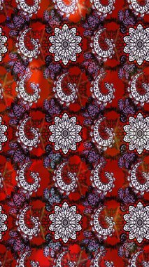 Raster deseni. Bahar çiçekleri dallı desen, kırmızı ve kahverengi renkler çiçekli siluet.