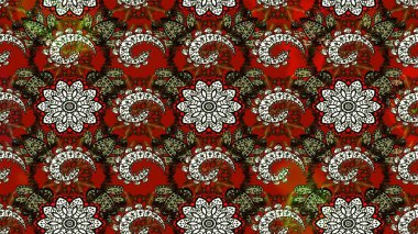 Raster illüstrasyonu. Kahverengi ve kırmızı renkte çiçekler. Çiçek desenli çizim. Asya tekstil tarzında. Düz Çiçek Elementleri Tasarımı. Renkli Bahar Teması çizim şablonu.