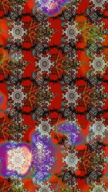 Kahverengi ve kırmızı renkte etnik çiçeklerle süslenmiş zarif bir eskiz şekli. Asya Tekstil 'inde Raster Çiçek İllüstrasyonu.