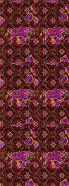 Raster deseni. Patlayan çiçekler soyut olarak yerleştirilmiş. Raster illüstrasyonu. Nazikçe, bahar çiçekleri kahverengi ve kırmızı renklerde.