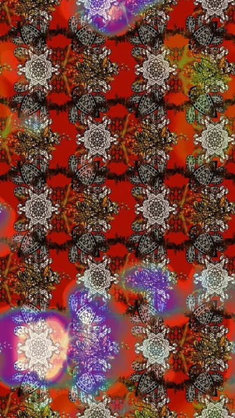 Kahverengi ve kırmızı renkte etnik çiçeklerle süslenmiş zarif bir eskiz şekli. Asya Tekstil 'inde Raster Çiçek İllüstrasyonu.