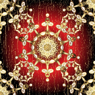 Noel, kar tanesi, yeni yıl. Kırmızı ve kahverengi renklerde altın rengi ve altın elementleri var. Kırmızı ve kahverengi renklerde ve altın elementlerle kusursuz klasik desen.