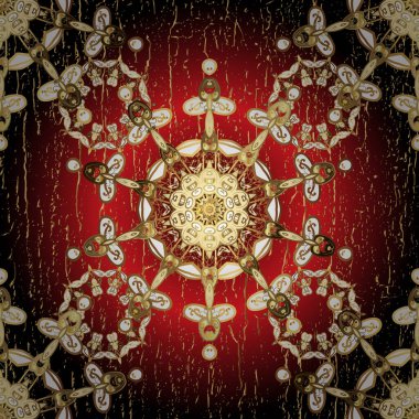 Kına dövmeli süs çiçekleri, altın çıkartmalar, mehndi ve yoga tasarımı, kartlar ve parmak izleri. Vektör altın mehndi kusursuz desen. Kahverengi ve kırmızı renkte desen.