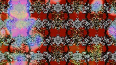 Sketch flowers pattern. In asian textile style on gray and red colors. Raster illustration.