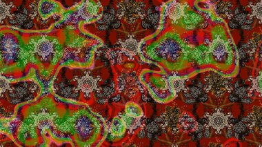 Raster illüstrasyonu. Kahverengi ve kırmızı renklere karalamalar çizilmiş çiçek deseni.