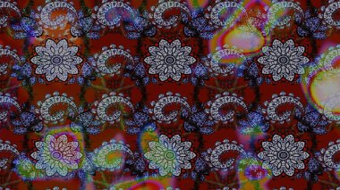 Raster illüstrasyonu. Raster illüstrasyonu. Çiçek desenli çizim. Asya tekstil tarzında. Kırmızı ve gri renkte çiçekler.