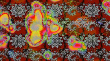 Çok renkli ve kahverengi zarif küçük çiçekler ve gri ve kahverengi renkli komik böcekler, raster deseni, illüstrasyon.