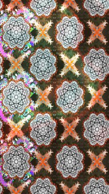 Asya tekstil tarzında. Raster illüstrasyonu. Çiçek desenli çizim. Raster illüstrasyonu. Gri ve kahverengi renkte çiçekler.