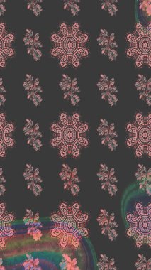 Raster Floral Illustration, Asyalı tekstil. Gri ve pembe renkli etnik çiçeklerle zarif bir eskiz deseni..