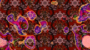 Raster illüstrasyonu. Kahverengi ve kırmızı renkte çiçekler. El çizimi çiçekli soyut çizim deseni.