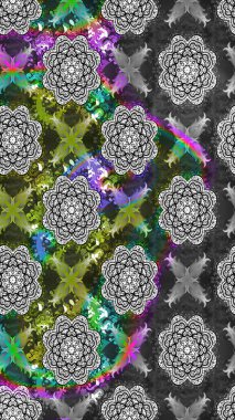 Şirin çiçekli, desenli, yeşil ve gri renkli bir eskiz deseni. Tekstil için suluboya eskiz deseni. El çizimi çiçek çizimi deseni (fayans)).