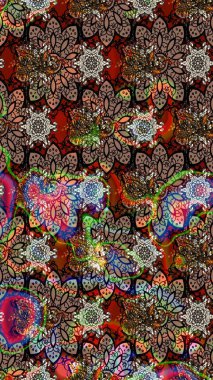 Moda baskıları için zarif bir şablon. Modern çiçek arkaplanı. Parlak renkli çiçekleri olan ve kahverengi ve siyah renkli yaprakları olan harika bir çiçek deseni. Halk stili.