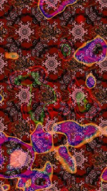 Tekstil tasarımı için kırmızı ve kahverengi renkli geleneksel halk çiçekleri buketi. Üzerinde gelincikler ve vadi zambakları olan renkli çiçek desenli nakış..