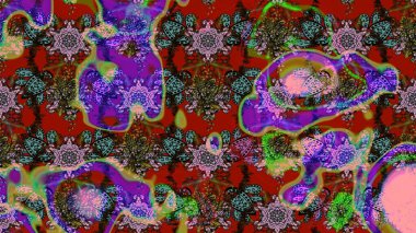 Parlak renkli çiçekleri olan ve kırmızı ve kahverengi renkte yaprakları olan harika bir çiçek deseni. Modern çiçek arkaplanı. Moda baskıları için zarif bir şablon. Halk stili.