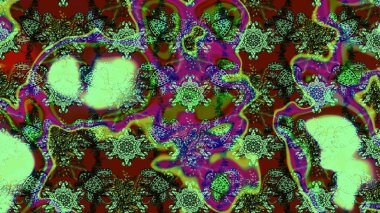 Raster - stok. Yapraklı çiçekler ve yeşil ve kırmızı renkte papatya çiçekleri. Taslak arkaplan deseni.