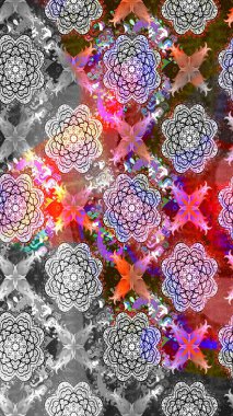 Raster illüstrasyonu. Suluboya çiçekli çiçek deseni. Gri ve nötr renklerde Asyalı tekstil.