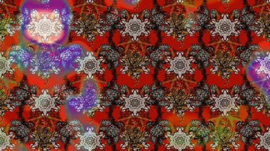 Kırmızı ve kahverengi renklerde. Çiçek buketleriyle klasik bir eskiz şekli. Raster illüstrasyonu.