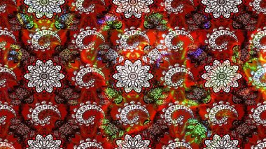 Çocuksu tasarım. Elle çizilmiş çiçek desenli Raster çizimi. Kırmızı ve kahverengi arka planda. Tekstil, kumaş, ambalaj, hatıra defteri için güzel çiçek arkaplanı..