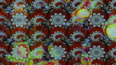 Yapraklı çiçekler ve kahverengi ve kırmızı renklerde papatya çiçekleri. Raster - stok. Taslak arkaplan deseni.