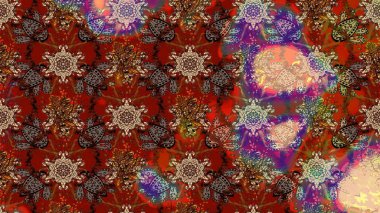 Çok renkli ve kahverengi zarif küçük çiçekler ve kırmızı ve kahverengi renkli komik böcekler, raster desen, illüstrasyon.