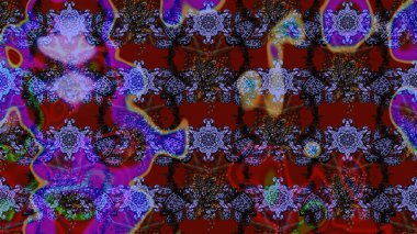 Raster illüstrasyonu. Renkli desenli eskiz deseni, kırmızı ve mor çiçekler ve dekoratif elementler. Kumaş, tekstil, duvar kağıdı baskısı için. Eski usul. Taslak arkaplan.