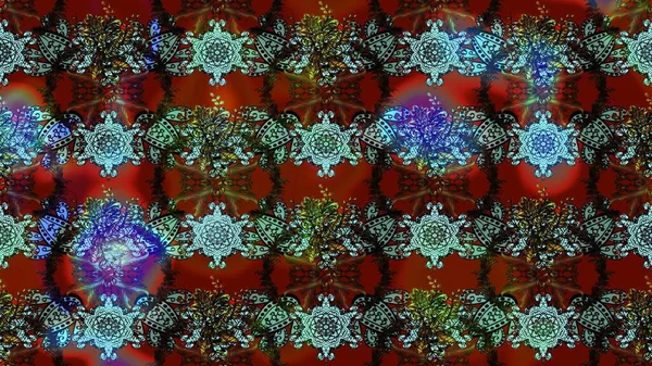 Kırmızı ve kahverengi renkte etnik çiçeklerle süslenmiş zarif bir eskiz şekli. Raster Çiçek İllüstrasyonu güzel tekstil..