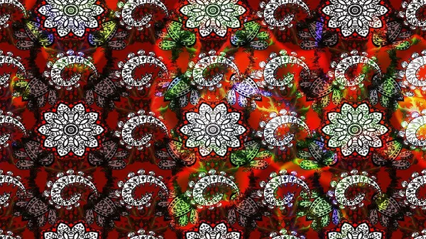 Halk tarzı. Moda baskıları için zarif bir şablon. Parlak renkli çiçekleri ve siyah ve kırmızı renkte yaprakları olan harika bir çiçek deseni. Modern çiçek arkaplanı.