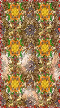 Moda baskıları için zarif bir şablon. Parlak renkli çiçekleri ve kahverengi ve bej renkli yaprakları olan harika bir çiçek deseni. Modern çiçek arkaplanı. Halk stili.