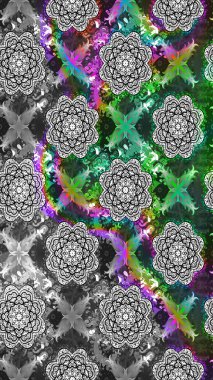 Asya tekstil tarzında. Raster illüstrasyonu. Çiçek desenli çizim. Düz Çiçek Elementleri Tasarımı. Yeşil ve gri renkli çiçekler. Renkli Bahar Teması çizim şablonu.